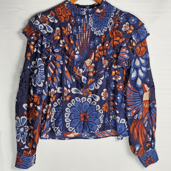 Farm Rio Pineapple Flowers High Neck Ruffles & Lace Blouse, EUC, size Small - Picture 4 of 13